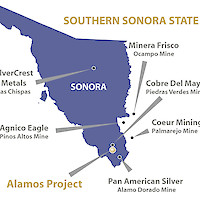 Sonora state and mining projects.  Cobre del Mayo's Piedras Verdes mine borders on the North.  This image contains information about other properties in which Minaurum does not have an interest including Agnico Eagle Mines Ltd, Cobre del Mayo, Coeur Mining Inc, Minera Frisco, Pan American Silver Corp, Silvercrest Metals Inc.  Information about these properties is not necessarily indicative of the mineralization on the Company's properties.