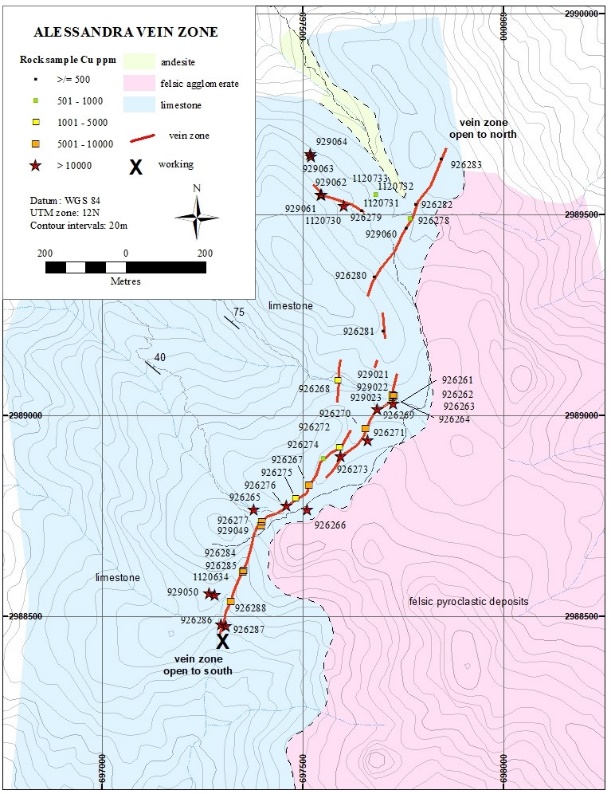 Figure 2. Alessandra vein zone, showing rock sample locations, identified by sample number. Significant sample results are presented in Table 1. The felsic pyroclastic rocks to the east of the Alessandra zone appear to lie discordantly on the limestone that hosts the Alessandra zone, suggesting that additional Alessandra-style structures may lie to the east under the volcanic cover