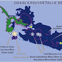 The Oaxaca Gold-Silver Polymetallic Belt displaying gold-silver and base metal deposits along 130km of Tertiary calderas, related volcanic and intrusive rocks in southeastern Oaxaca state.  Source:Megastar Development Corp. Presentation December 2019, D Jones unpub mapping 1999-2018; SGM.  This image contains information about other properties in which Minaurum does not have an interest including Fortuna Silver Corp, Gold Resource Corp, Megastar, Gitana.  Information about these properties is not necessarily indicative of the mineralization on the Company's properties.