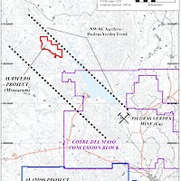 Figure 1.  Alamos mining district, showing location of Aurífero project (red outline) in relation to Minaurum’s Alamos project (blue outline) and Cobre del Mayo’s Piedras Verdes porphyry copper mine (purple outline).  This image contains information about other properties in which Minaurum does not have an interest including Cobre del Mayo. Information about these properties is not necessarily indicative of the mineralization on the Company's properties.