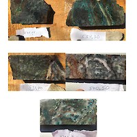 AL17-007 Europa-Guadalupe (one caption for set of 5 photos.  Depths are shown in metres.  “Europa-Guadalupe vein, close-ups of mineralization.  Vein-vein breccia is partly oxidized to chrysocolla (green).  Dark grey metallic material is combination of acanthite (AgS), stromeyerite (AgCuS), chalcocite (Cu2S), and galena (PbS).  The interval 534.65-542.90 m (8.25 m) averaged 1.76 kg/t Ag, 58 ppb Au, 1.60% Cu, 1.48% Pb, 2.60% Zn.”
